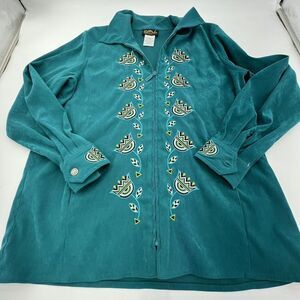 Bob Mackie Womens Wearable Art Shacket Shirt Jacket Size L Teal Embroidered Zip